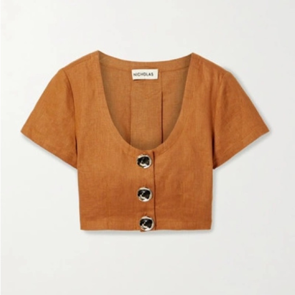 Nicholas Lou Linen Pleated Crop Top in Saffron